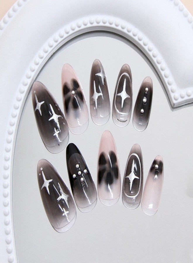 KRTBKR 24Pcs Black Press on Nails Medium Almond Fake Nails Black Flower with Silver Star Full Cover Glue on Nails Reusable Acrylic Star False Nails Glossy Stick on Nails for Women Girls Manicure Salon Kits - Image 3